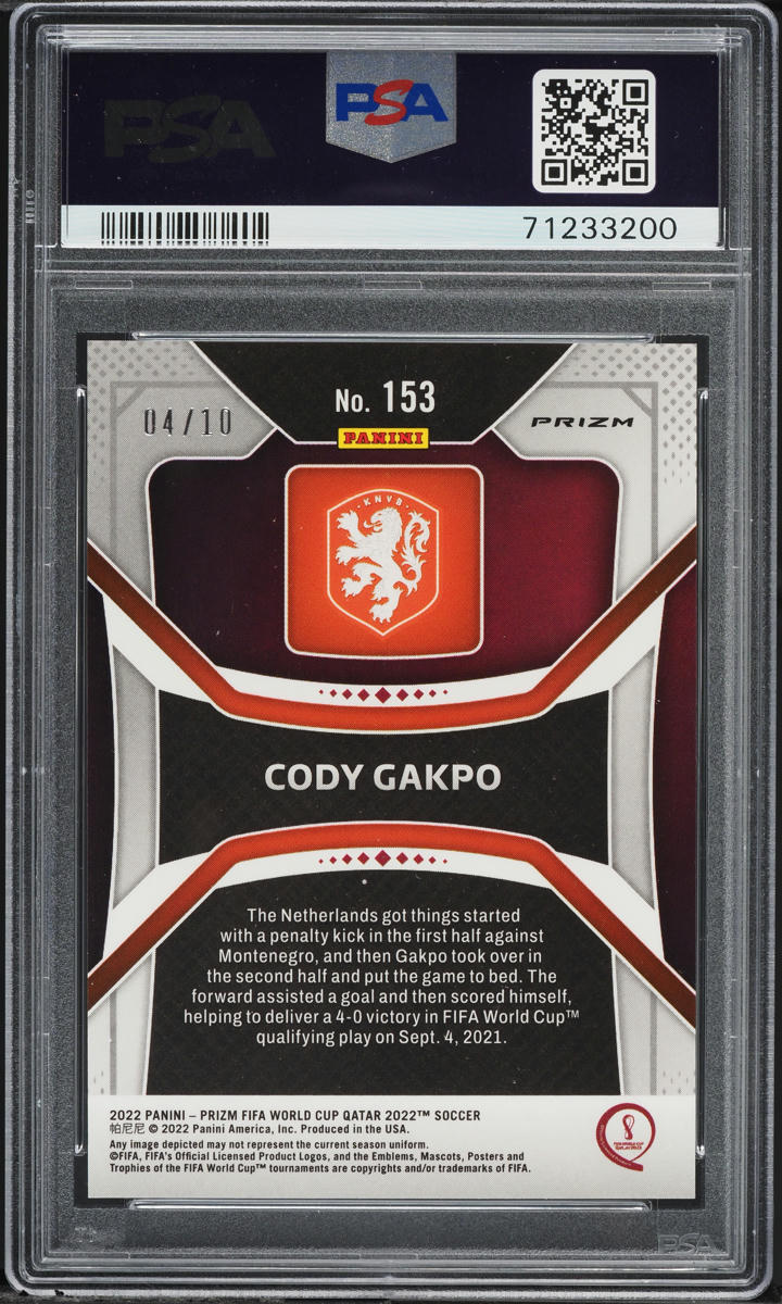 2022 Panini Prizm World Cup Qatar Gold Cody Gakpo ROOKIE /10 #153 PSA 9 MINT