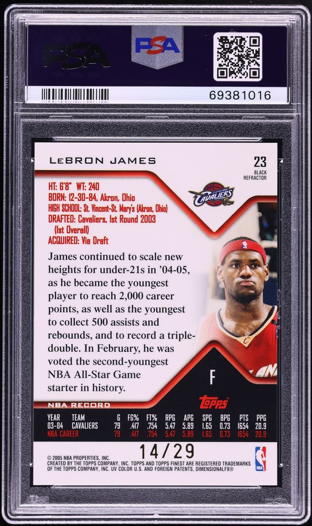 2004 Finest Black Refractor LeBron James /29 #23 PSA 10 GEM MINT - Photo 2