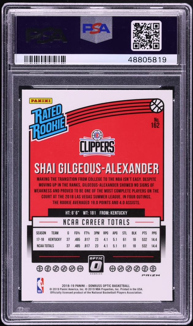 2018 Donruss Optic Blue Velocity Prizm Shai Gilgeous-Alexander ROOKIE #162 PSA 10 GEM MINT
