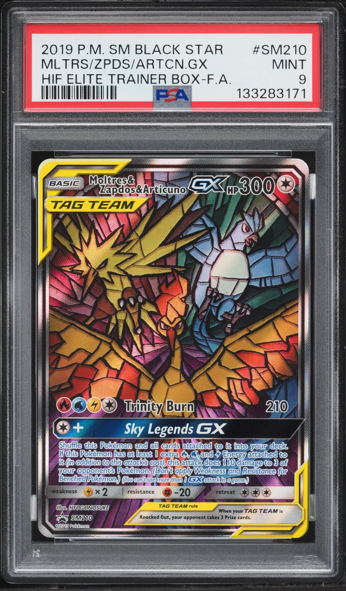 2019 Pokemon Sun & Moon Promo Hidden Fates Alt Art Moltres & Zapdos & Articuno GX #210 PSA 9