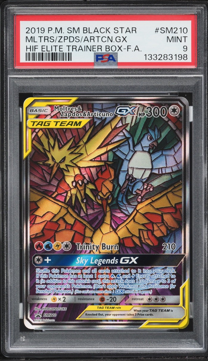 2019 Pokemon Sun & Moon Promo Hidden Fates Alt Art Moltres & Zapdos & Articuno GX #210 PSA 9