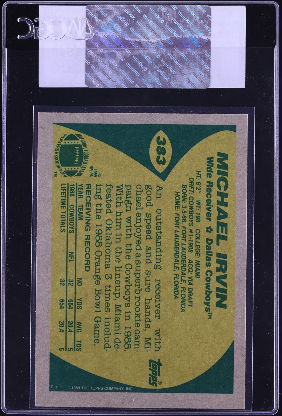 1989 Topps Football Michael Irvin ROOKIE #383 CGC AUTH