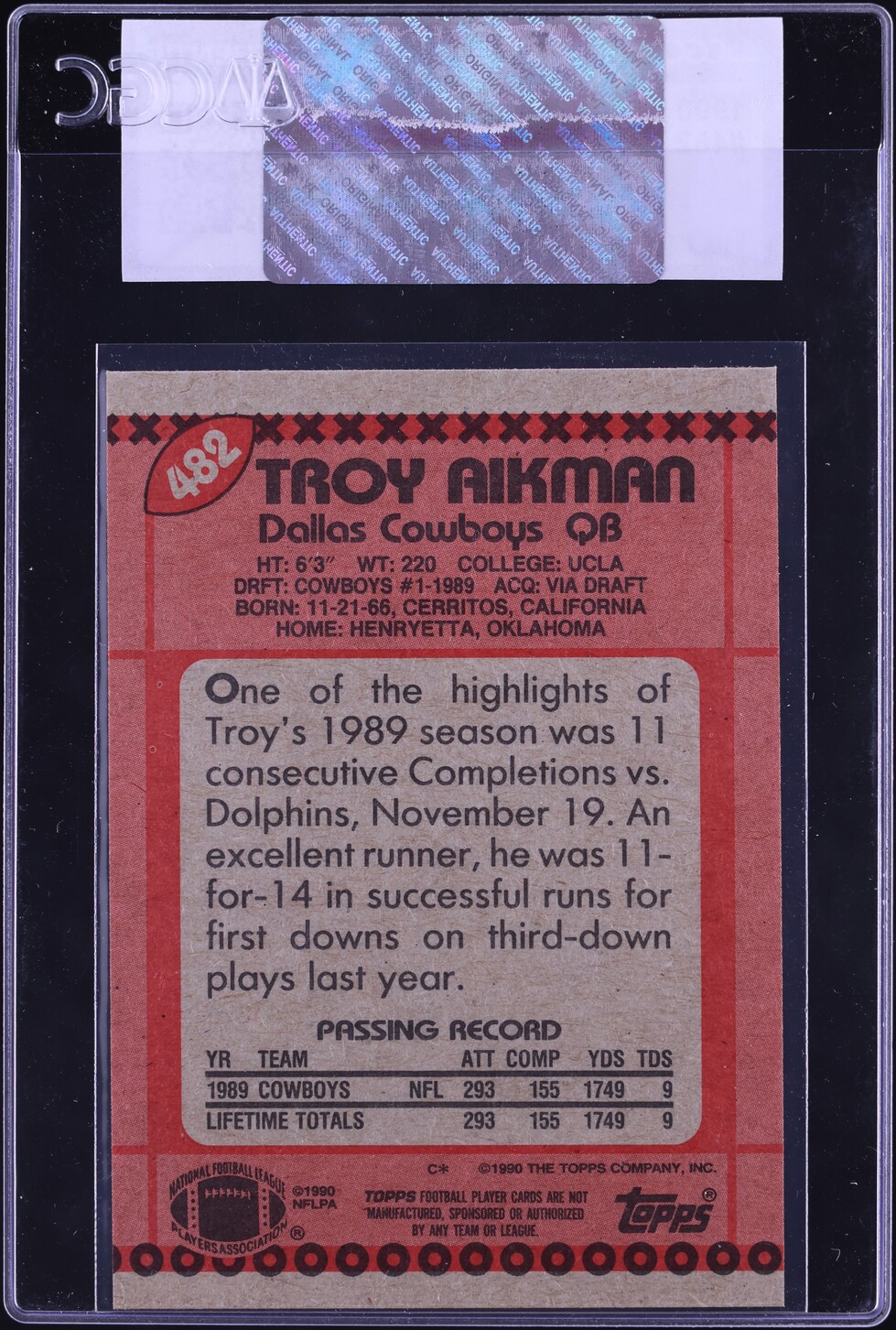 1990 Topps Football Troy Aikman #482 CGC AUTH