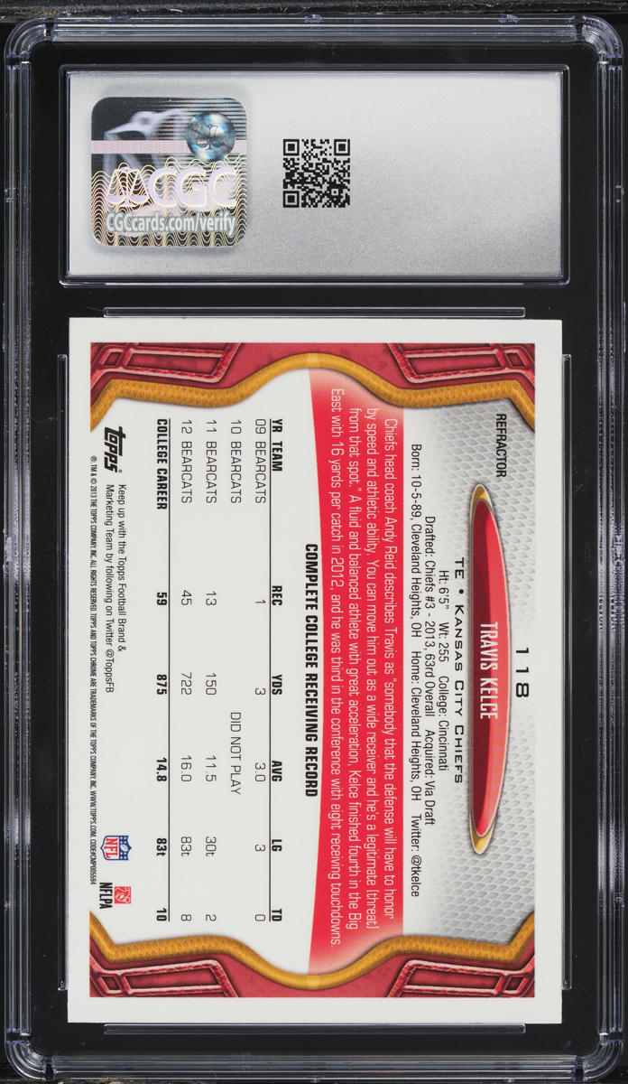 2013 Topps Chrome Orange Refractor Travis Kelce ROOKIE #118 CGC 8 NM-MT