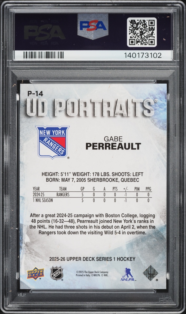 2025 Upper Deck Portraits Gabe Perreault #P-14 PSA 8 NM-MT
