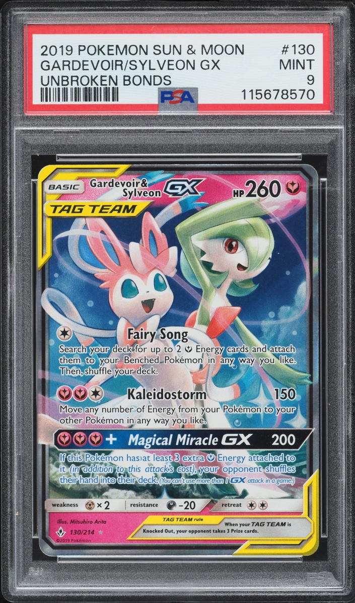 2019 Pokemon Sun & Moon Unbroken Bonds Holo Gardevoir & Sylveon GX #130 PSA 9 MINT