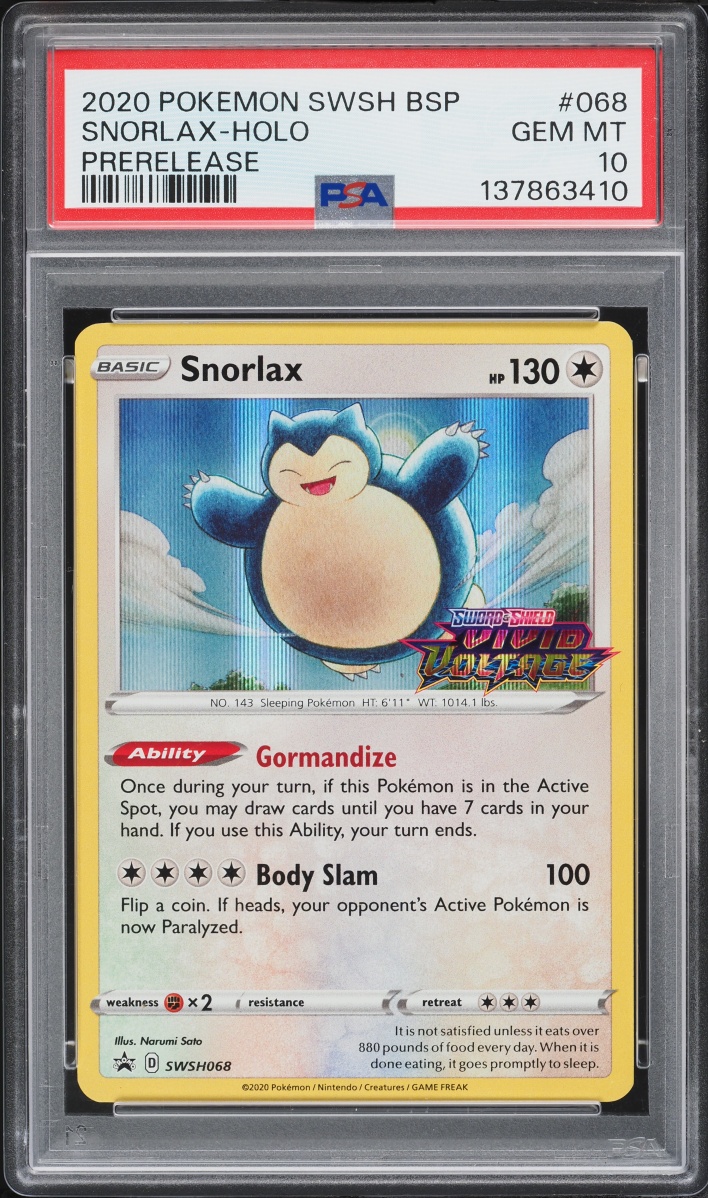 2020 Pokemon Sword & Shield Promo Vivid Voltage Prerelease Holo Snorlax #68 PSA 10 GEM MINT