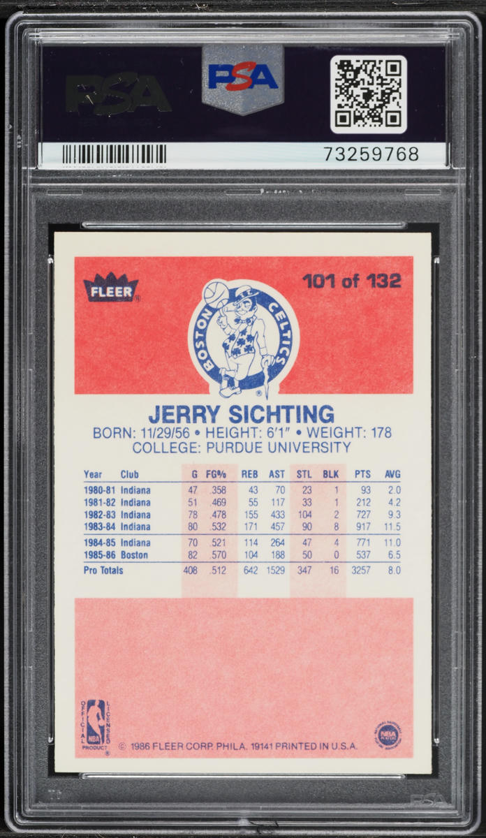 1986 Fleer Basketball Jerry Sichting #101 PSA 6 EXMT
