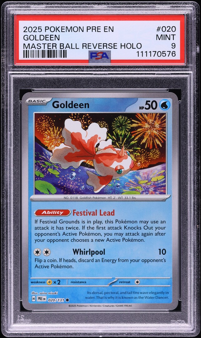 2025 Pokemon SV Prismatic Evolutions Master Ball Reverse Holo Goldeen #020 PSA 9