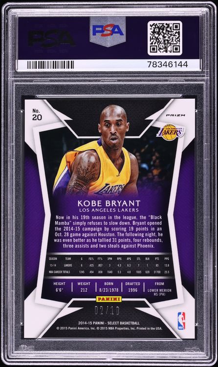 2014 Select Gold Prizm Kobe Bryant /10 #20 PSA 10 GEM MINT - Photo 2