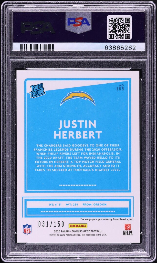 2020 Donruss Optic Justin Herbert ROOKIE AUTO /150 #153 PSA 10 GEM MINT