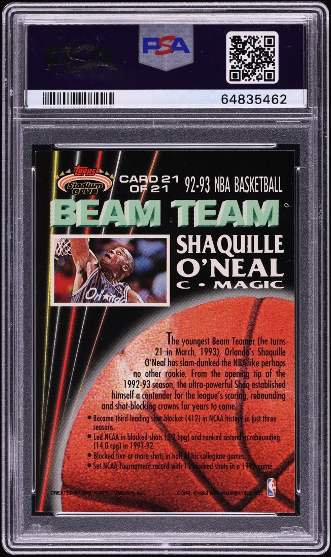 1992 Stadium Club Beam Team Shaquille O'Neal ROOKIE AUTO DNA 10 #21 PSA 9 MINT - Photo 2