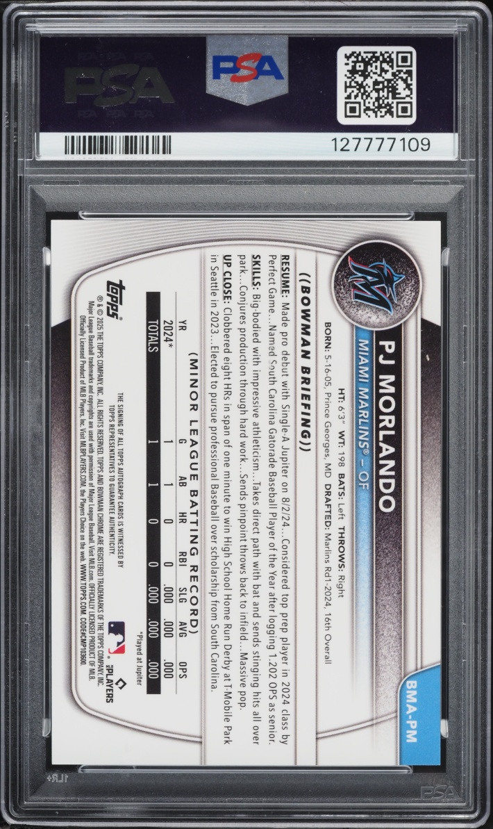 2025 Bowman Chrome Mega Box Purple Refractor PJ Morlando PROSPECT AUTO /199 #PM PSA 10 GEM MINT