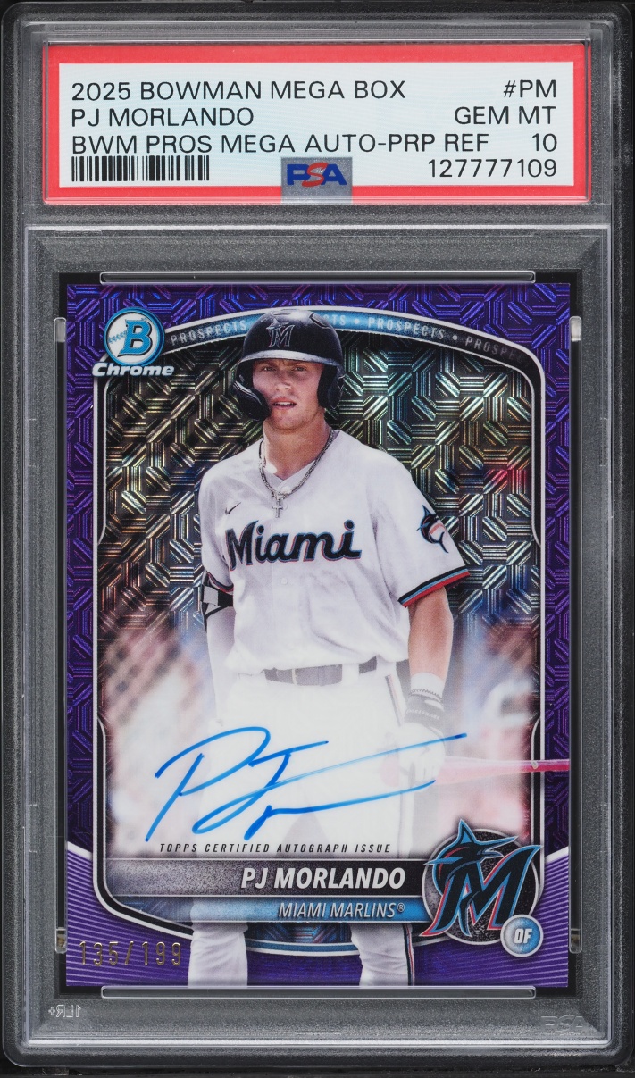 2025 Bowman Chrome Mega Box Purple Refractor PJ Morlando PROSPECT AUTO /199 #PM PSA 10 GEM MINT