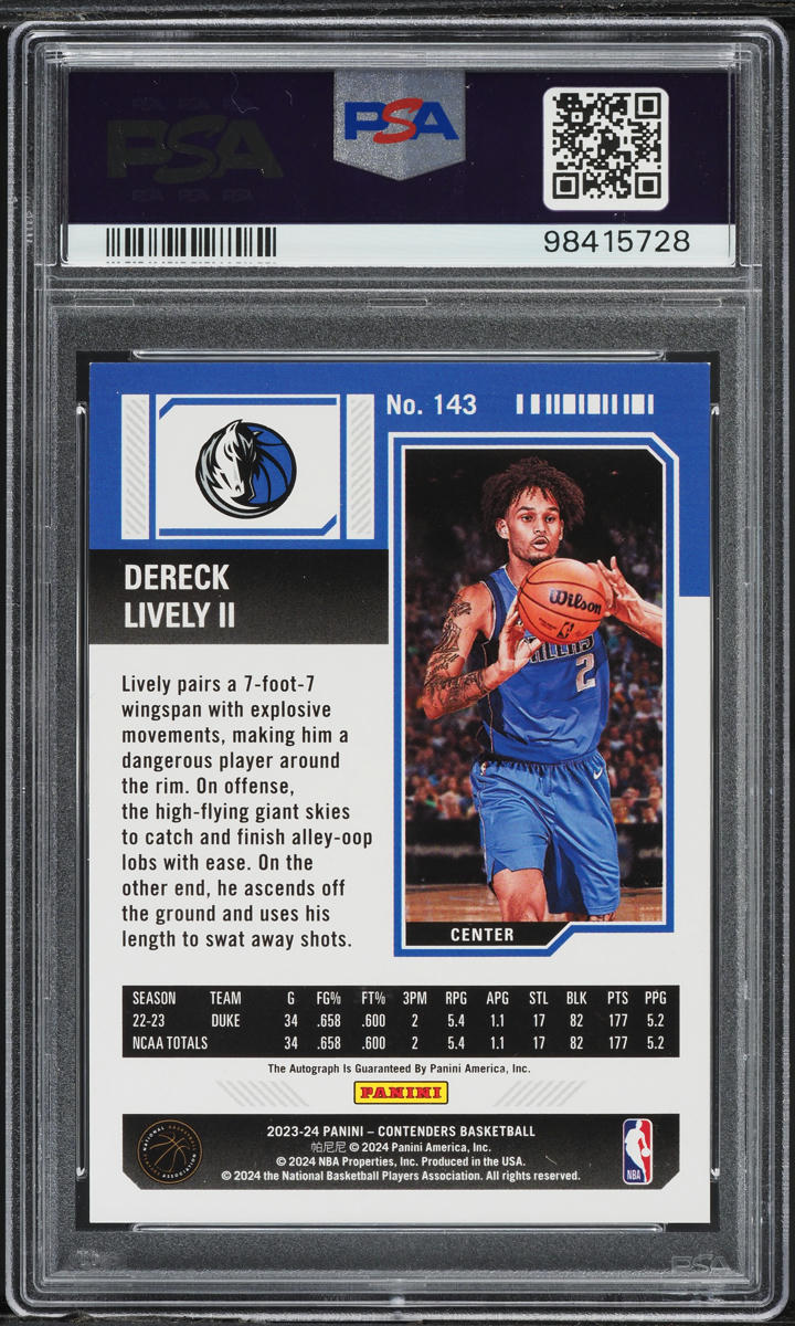 2023 Panini Contenders Dereck Lively II ROOKIE AUTO #143 PSA 9 MINT