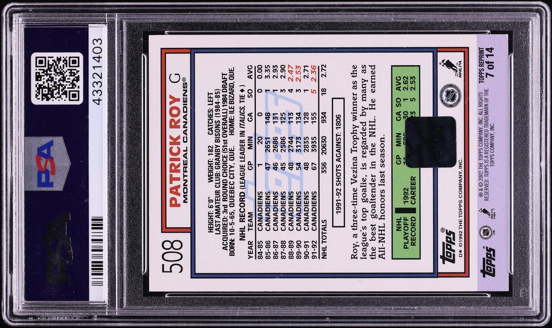 2002 Topps '92 Reprint Patrick Roy AUTO /33 #7 PSA 9 MINT - Photo 2