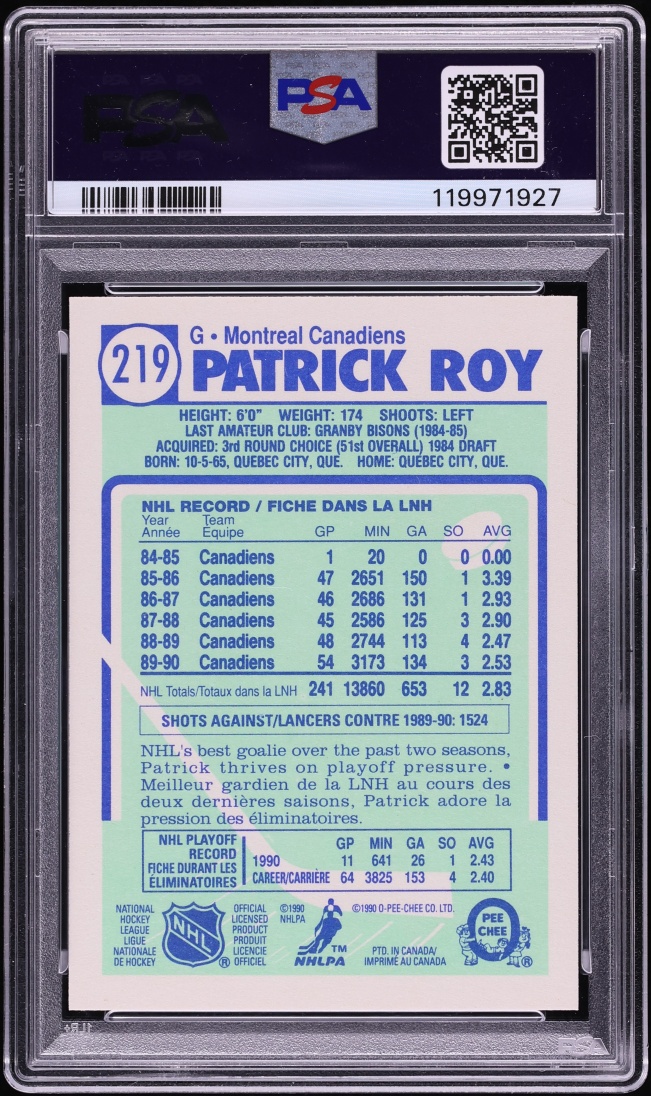 1990 O-Pee-Chee Hockey Patrick Roy #219 PSA 10 GEM MINT - Photo 2