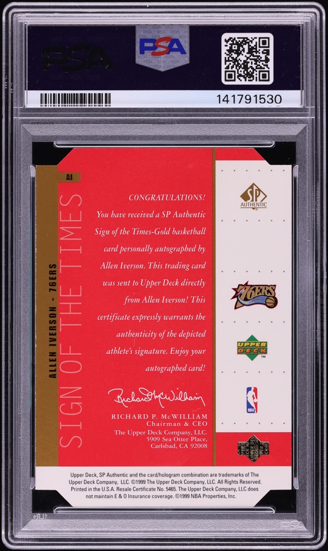 1998 SP Authentic Sign Of The Times Gold Allen Iverson AUTO DNA 10 #AI PSA 7 NRMT - Photo 2