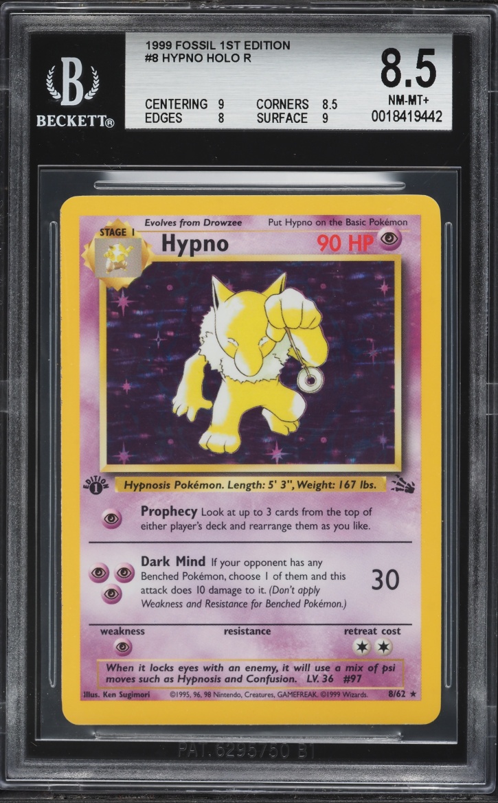 1999 Pokemon Fossil 1st Edition Holo Hypno #8 BGS 8.5 NM-MT+