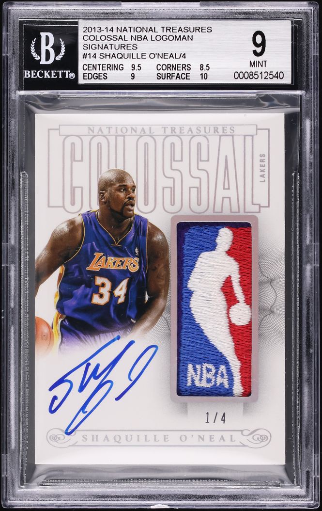 2013 National Treasures Colossal Shaquille O'Neal LOGOMAN PATCH AUTO 1/4 BGS 9