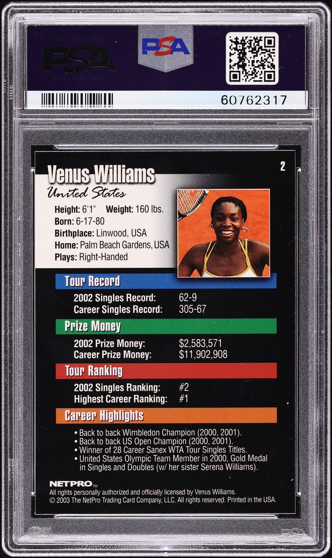 2003 Netpro Tennis Venus Williams ROOKIE #2 PSA 9 MINT