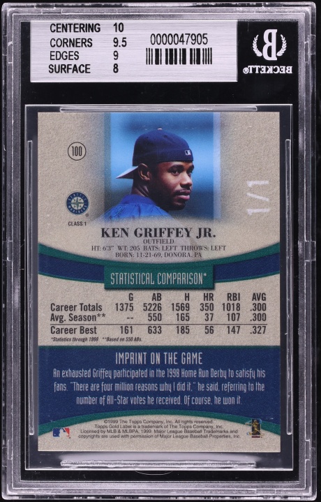 1999 Topps Gold Label One To One Ken Griffey Jr. 1/1 #100 BGS 9 MINT - Photo 2