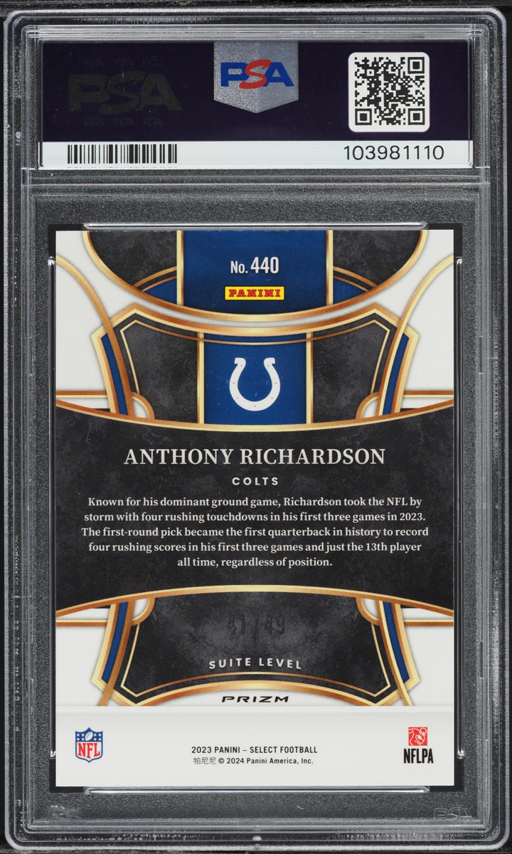 2023 Select Suite Level Red Prizm Anthony Richardson ROOKIE /49 #440 PSA 10 GEM