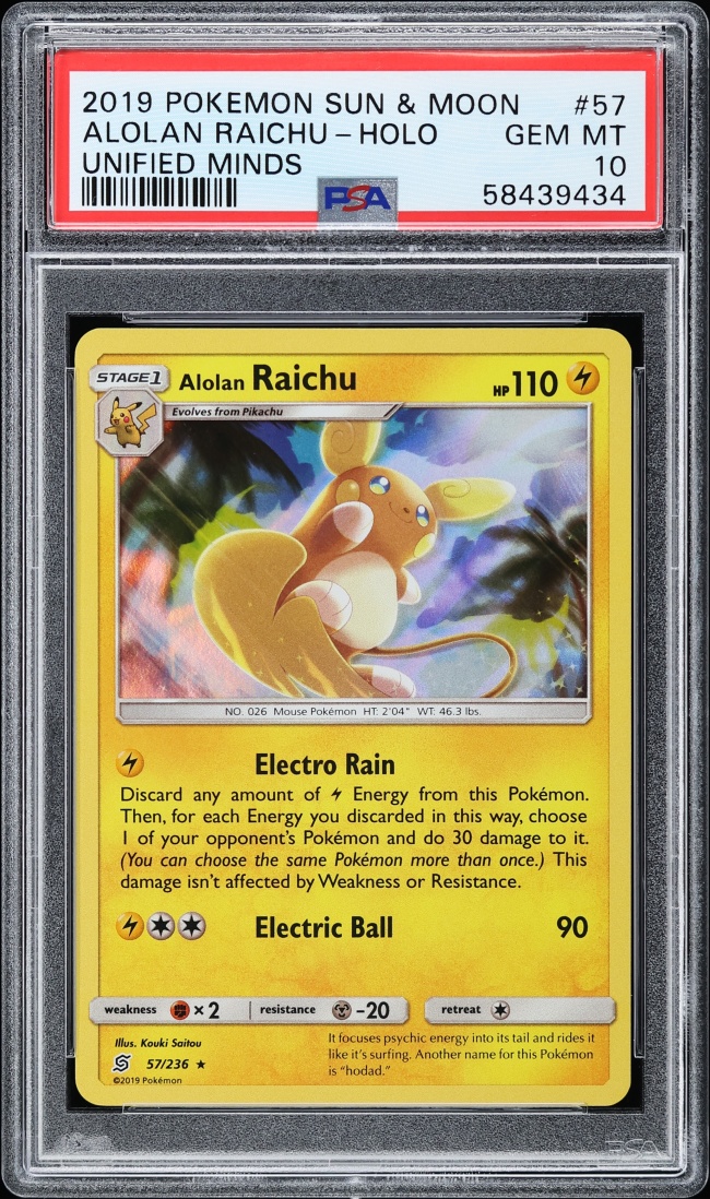 2019 Pokemon Sun & Moon Unified Minds Holo Alolan Raichu #57 PSA 10 GEM MINT