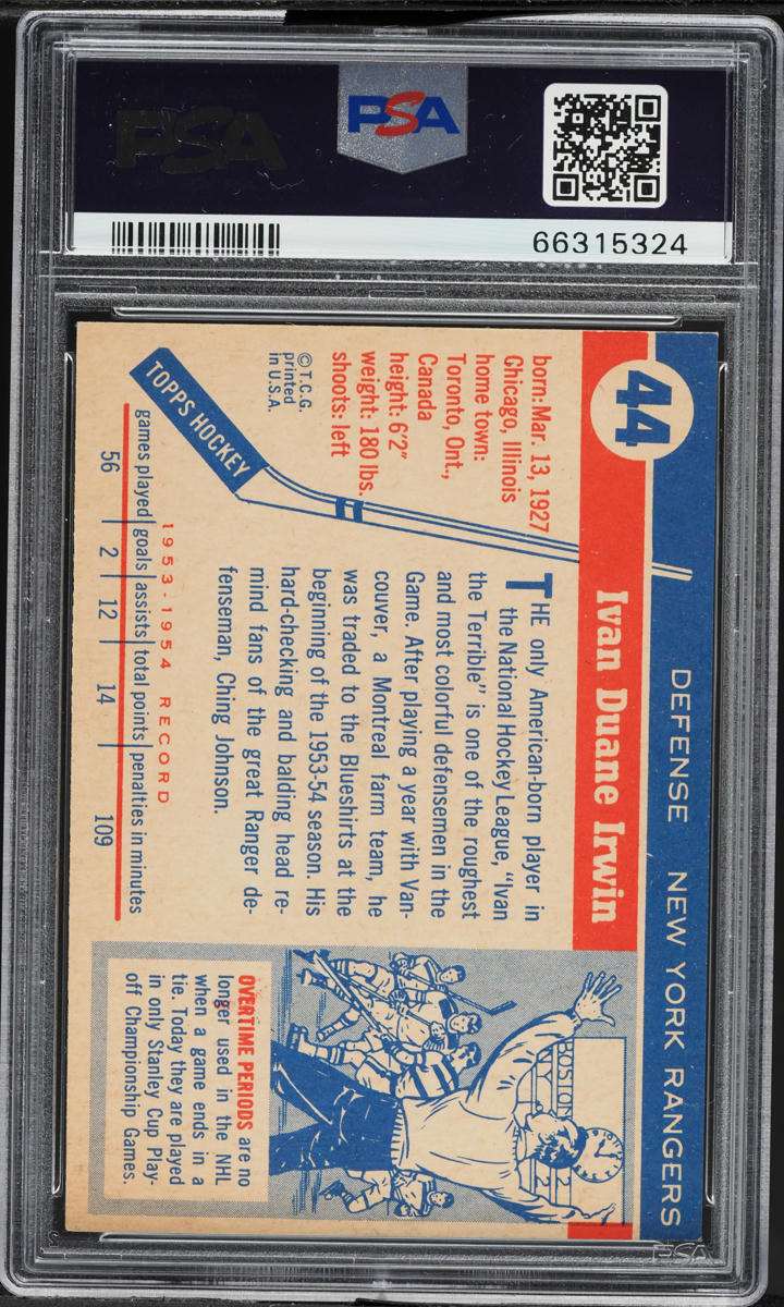 1954 Topps Hockey Ivan Irwin ROOKIE #44 PSA 6 EXMT