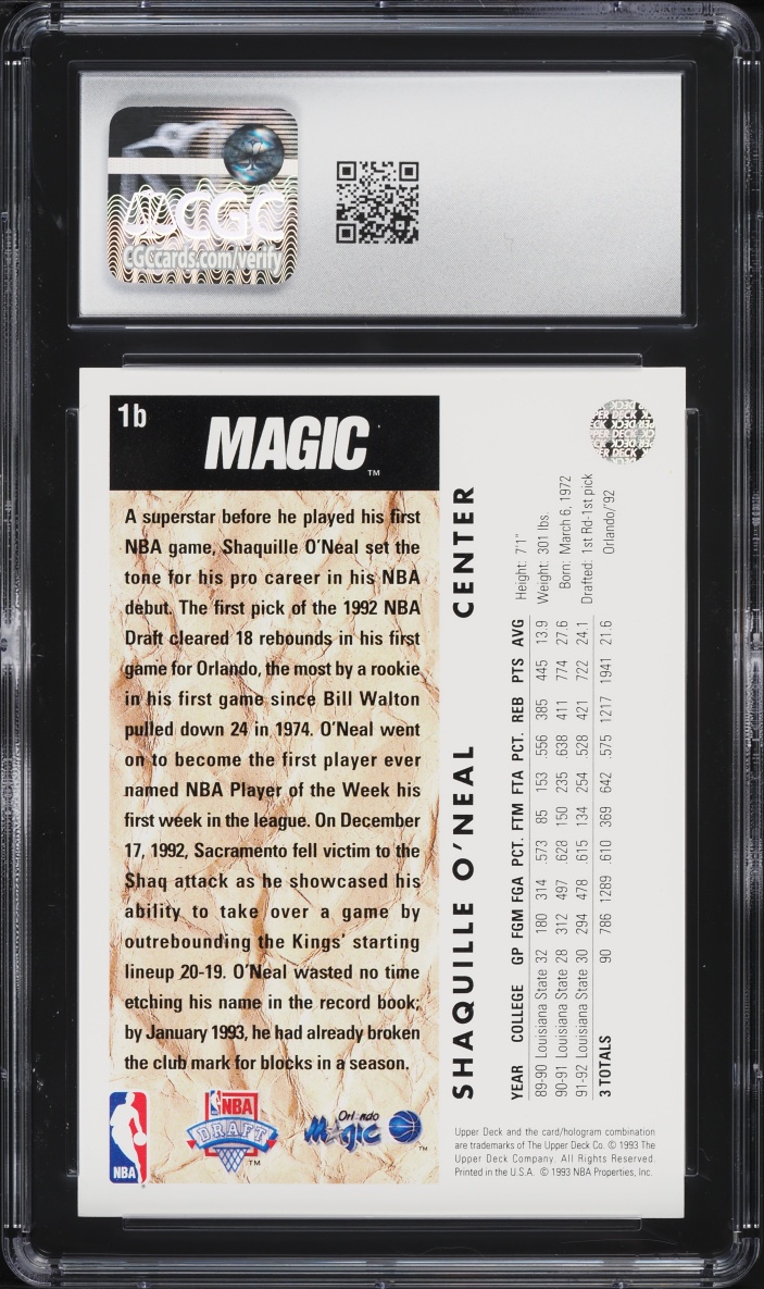 1992 Upper Deck Trade Card Shaquille O'Neal ROOKIE #1b CGC 9 MINT