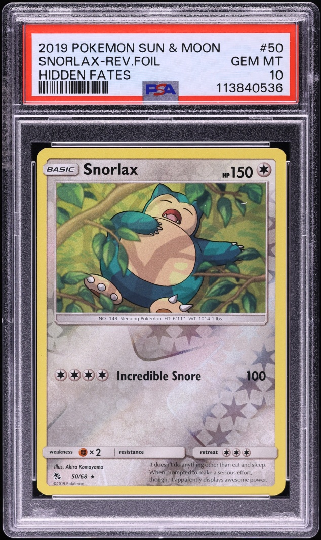 2019 Pokemon Sun & Moon Hidden Fates Reverse Holo Snorlax #50 PSA 10 GEM MINT