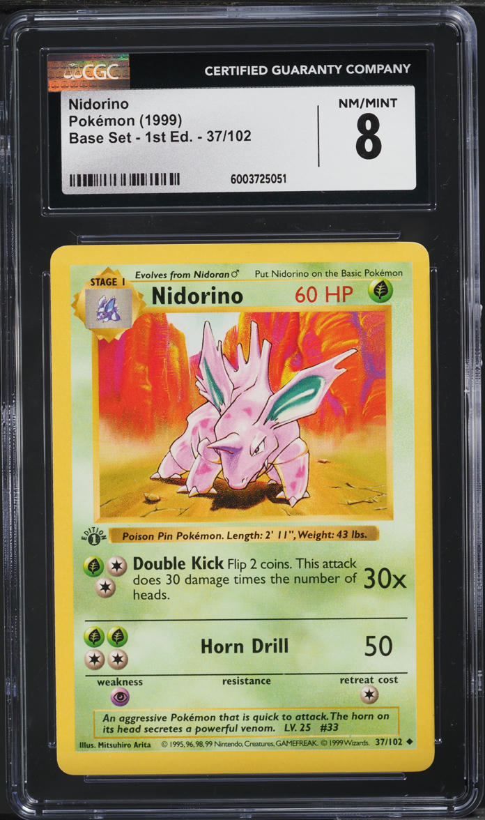 1999 Pokemon Base Set Shadowless 1st Edition Nidorino #37 CGC 8 NM-MT