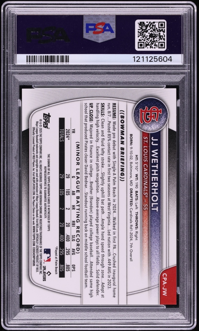 2025 Bowman Chrome HTA Choice Refractor JJ Wetherholt PROSPECT AUTO /150 #CPA-JW PSA 10 GEM