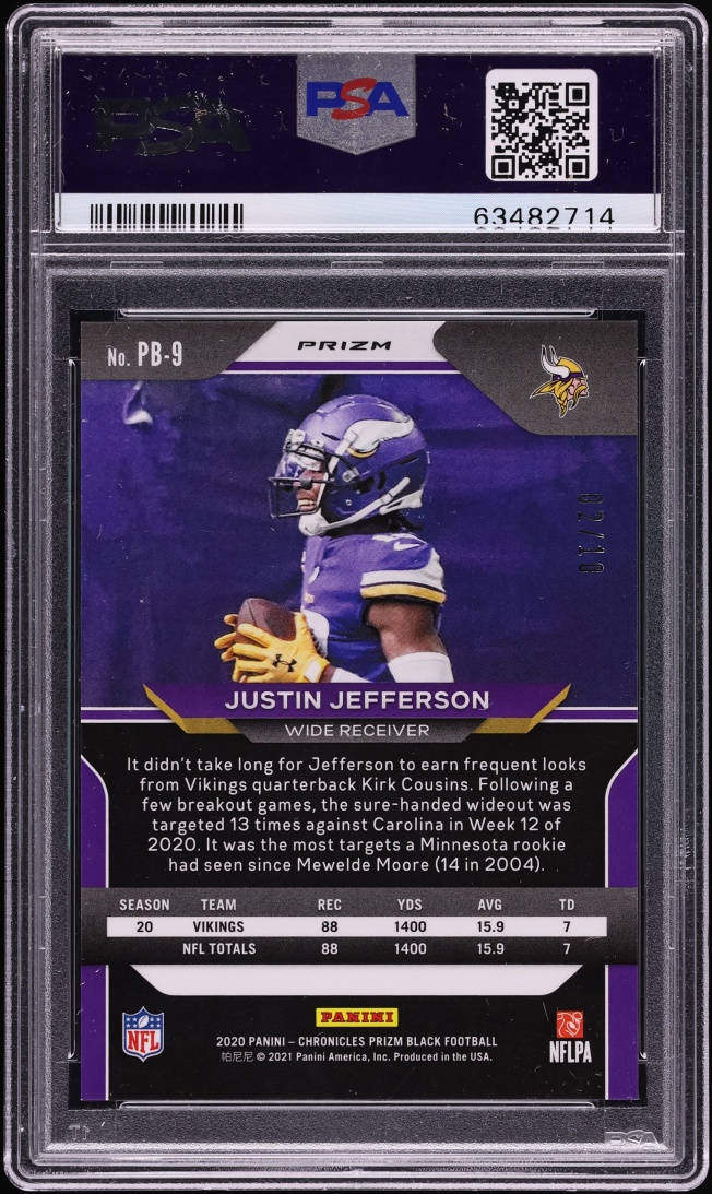 2020 Panini Chronicles Black Gold Prizm Justin Jefferson ROOKIE /10 #PB-9 PSA 8 NM-MT