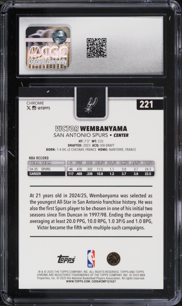 2025 Topps Chrome Victor Wembanyama #221 CGC 10 GEM MINT