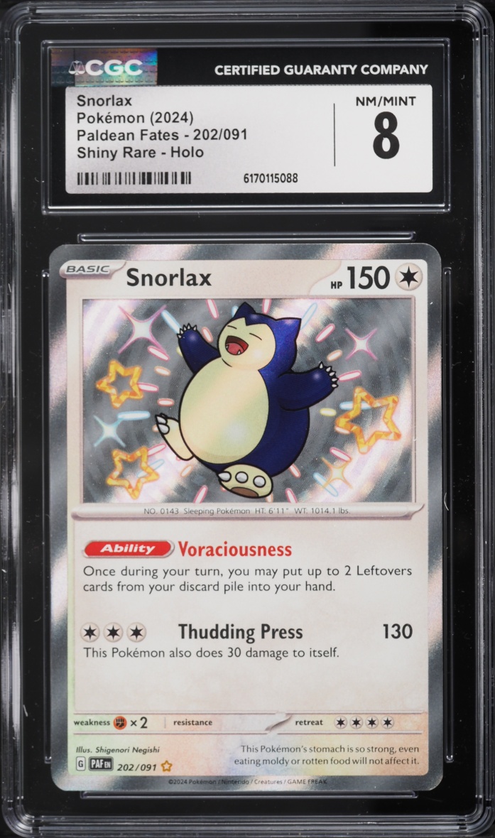 2024 Pokemon Scarlet & Violet Paldean Fates Shiny Rare Snorlax #202 CGC 8 NM-MT