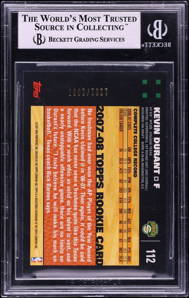 2007 Topps Gold Kevin Durant ROOKIE /2007 #112 BGS 9 MINT