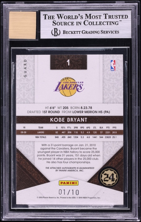 2009 Timeless Treasures Signatures Gold Kobe Bryant AUTO 1/10 #1 BGS 9 MINT - Photo 2