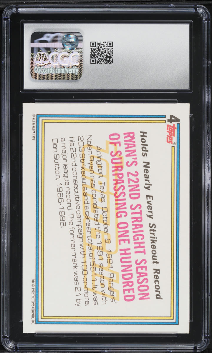 1992 Topps Gold Winner Nolan Ryan RECORD BREAKER #4 CGC 10 GEM MINT
