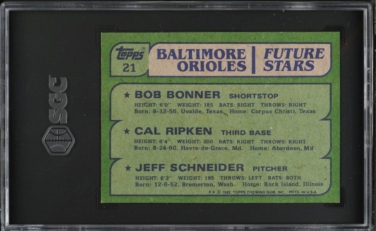 1982 Topps Bob Bonner Jeff Schneider Cal Ripken Jr. ROOKIE #21 SGC 8 NM-MT