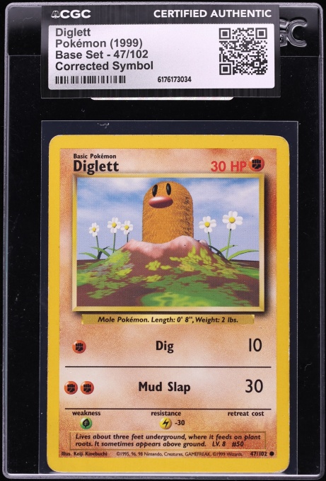 1999 Pokemon Base Set Corrected Symbol Diglett #47 CGC AUTH