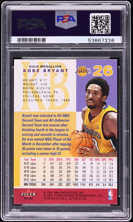 2001 Ultra Gold Medallion Kobe Bryant #26 PSA 10 GEM MINT
