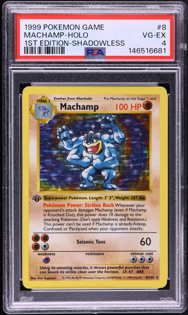 1999 Pokemon Base Set Shadowless 1st Edition Holo Machamp #8 PSA 4 VGEX