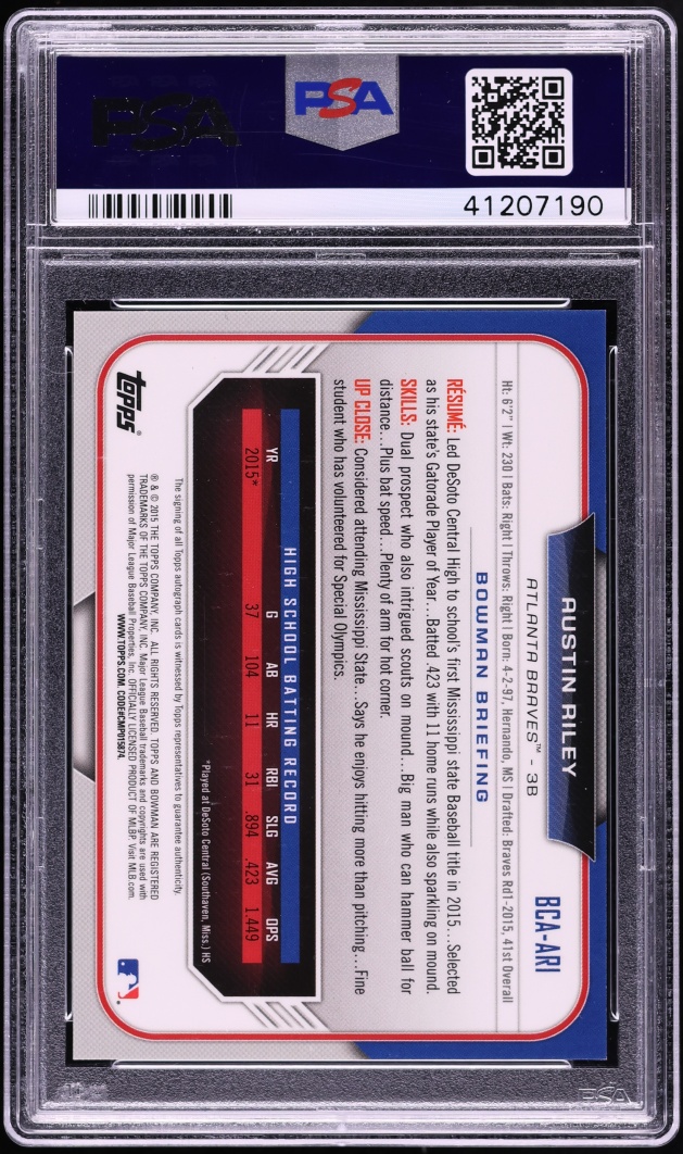 2015 Bowman Chrome Draft Pick Austin Riley PROSPECT AUTO #BCA-ARI PSA 10 GEM MINT