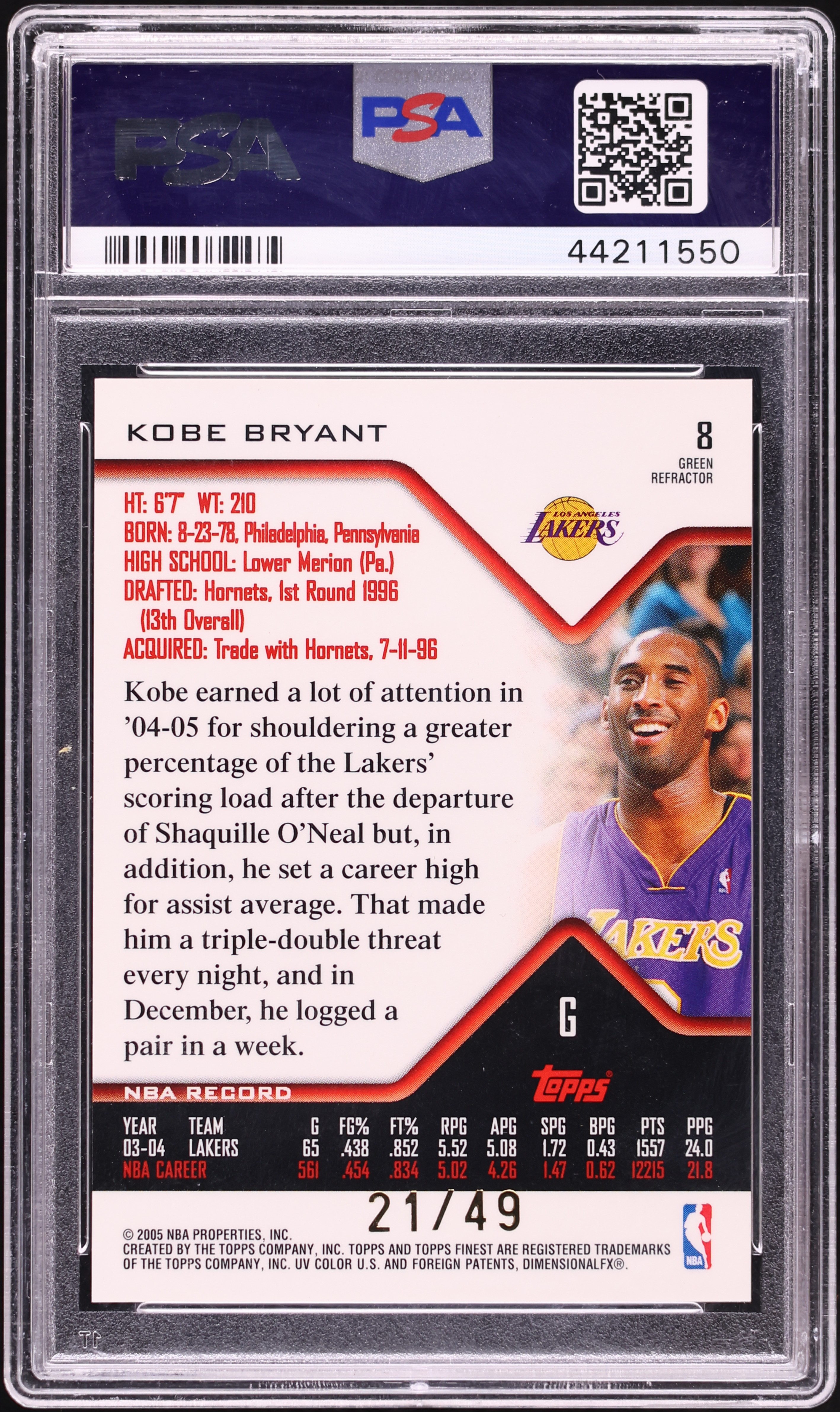その他 topps finest Kobe Bryant refractor 49 2004 Finest Green Refractor Kobe Bryant /49 #8 PSA 10 GEM MINT on
