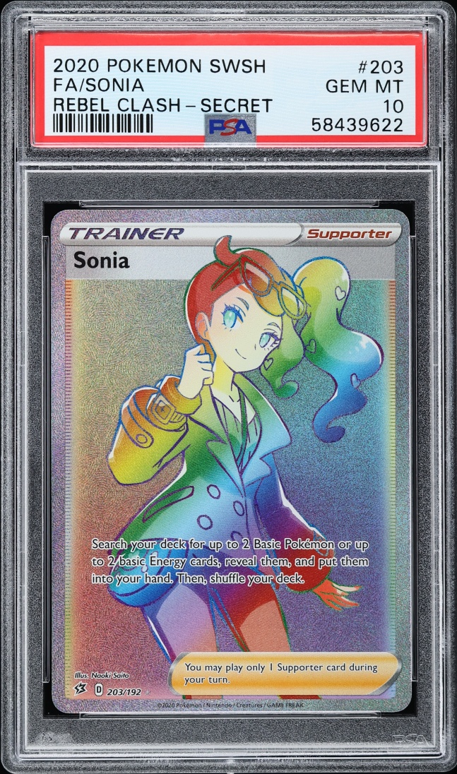 2020 Pokemon Sword & Shield Rebel Clash Rainbow Rare Sonia #203 PSA 10 GEM MINT