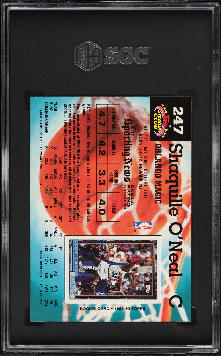 1992 Stadium Club Basketball Shaquille O'Neal ROOKIE #247 SGC 8 NM-MT
