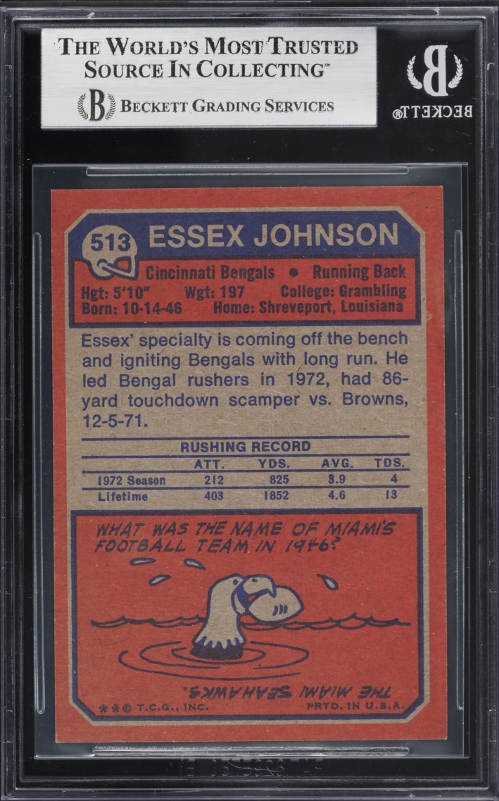 1973 Topps Football Essex Johnson ROOKIE #513 BGS 8 NM-MT