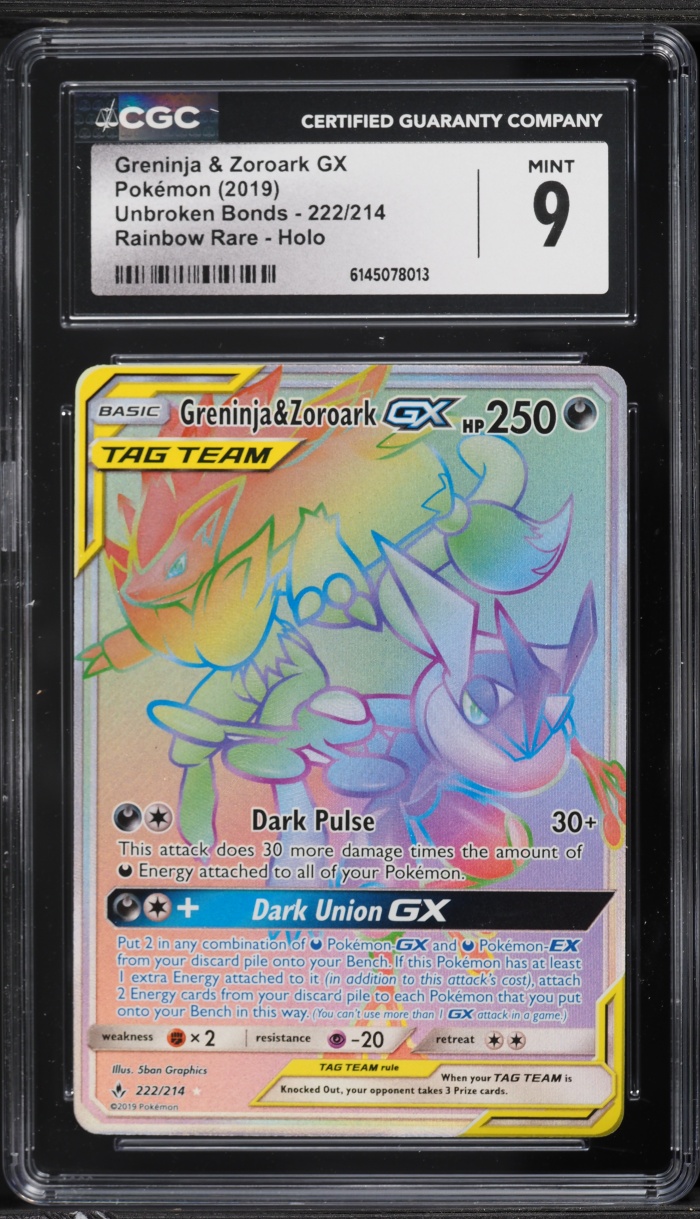 2019 Pokemon Sun & Moon Unbroken Bonds Rainbow Rare Greninja & Zoroark GX #222 CGC 9 MINT