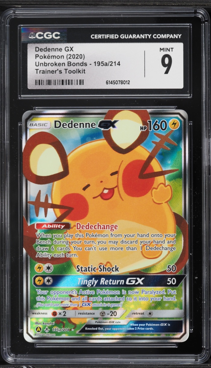 2020 Pokemon SM Unbroken Bonds Trainer's Toolkit Full Art Dedenne GX #195a CGC 9 MINT